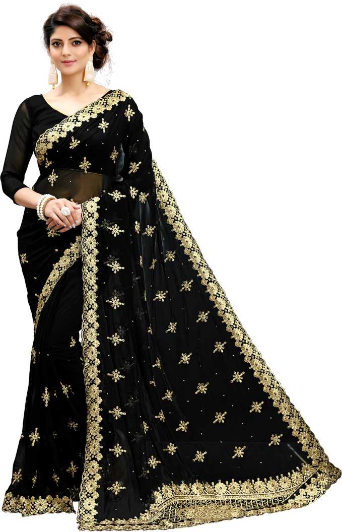 Embroidered Bollywood Poly Georgette Saree (Gold, Black)