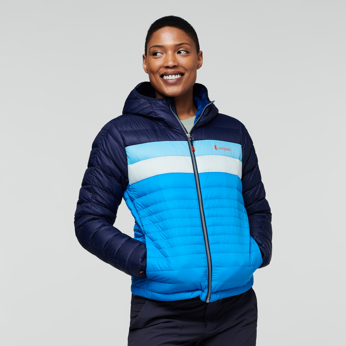 Fuego Down Hooded Jacket - Women's, Maritime/Saltwater, Model Callie