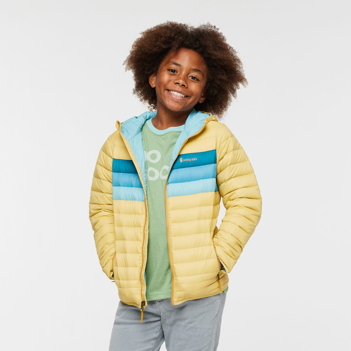 Fuego Hooded Down Jacket - Kids', Wheat Stripes, Model Isaiah