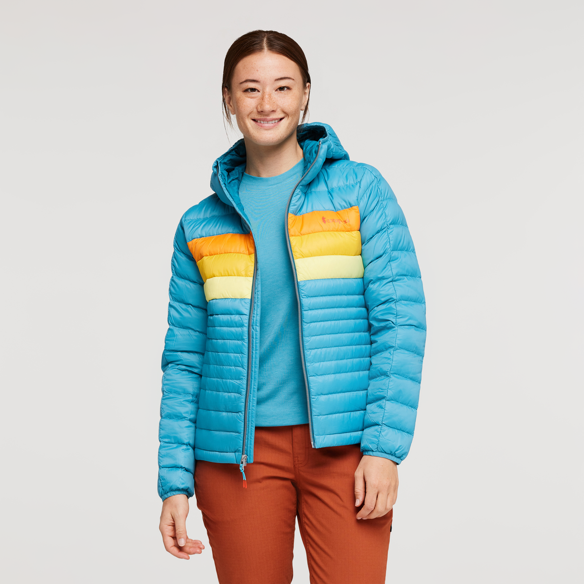 Fuego Down Hooded Jacket - Women's, Poolside Stripes, Model Aya