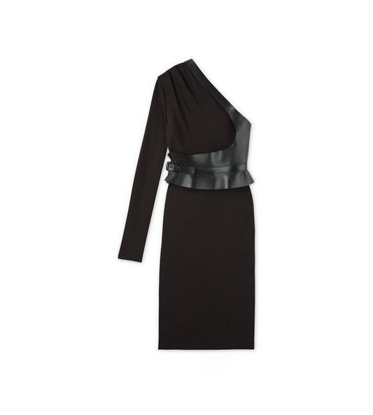 SABLE JERSEY ONE SHOULDER DRESS WITH LEATHER BELT