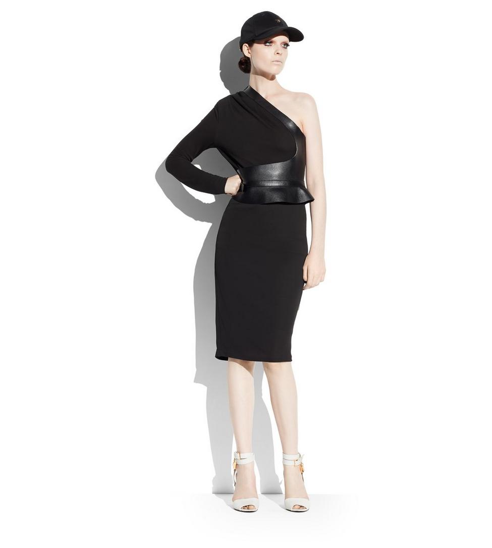 SABLE JERSEY ONE SHOULDER DRESS WITH LEATHER BELT