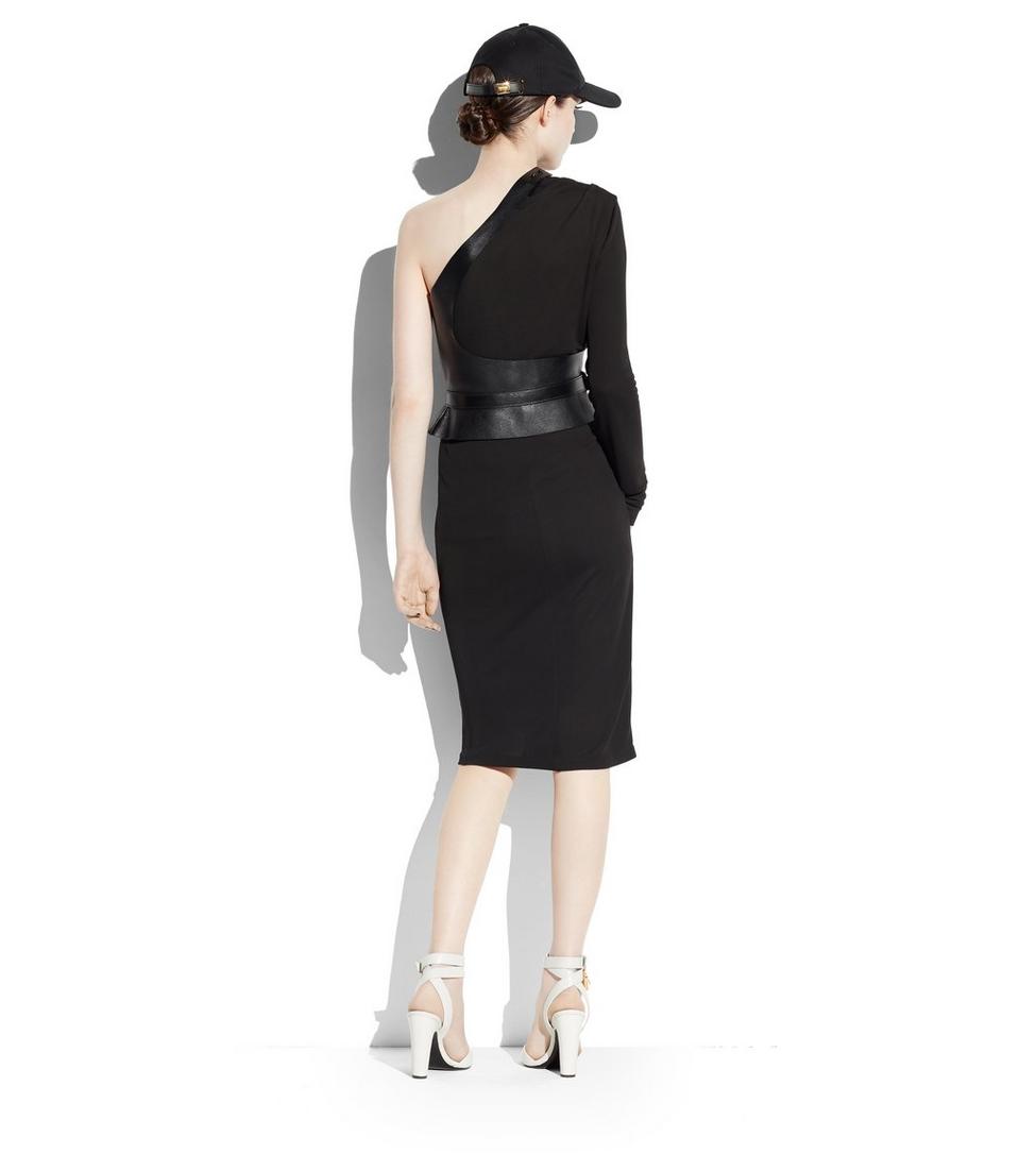SABLE JERSEY ONE SHOULDER DRESS WITH LEATHER BELT