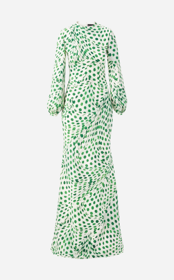Audrey Dots Gown with Blouson Sleeves - Green On White Polka Dots
