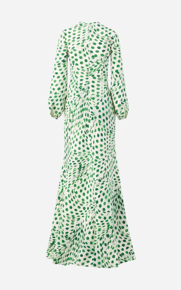 Audrey Dots Gown with Blouson Sleeves - Green On White Polka Dots