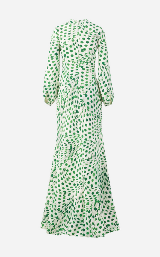 Audrey Dots Gown with Blouson Sleeves - Green On White Polka Dots