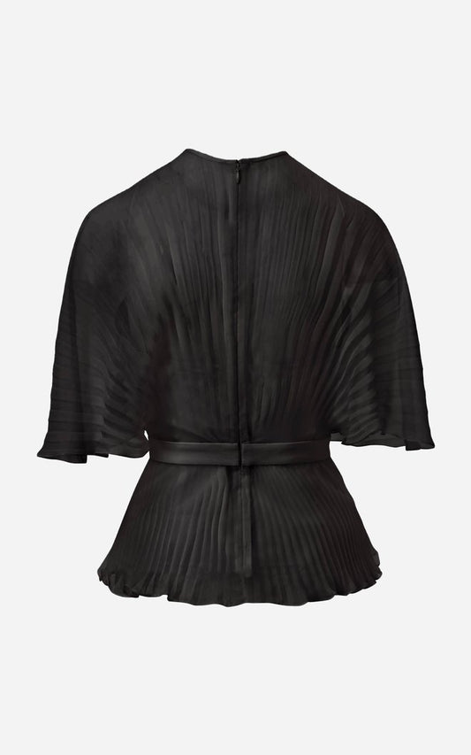 Pleated Chiffon Blouse with Draped Sleeve
