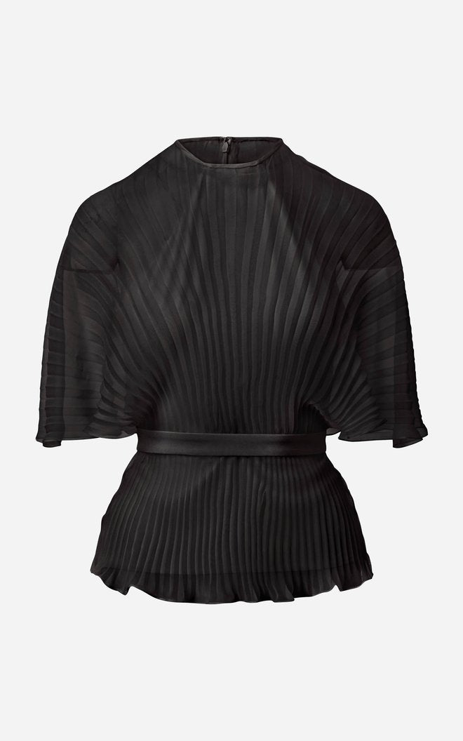 Pleated Chiffon Blouse with Draped Sleeve