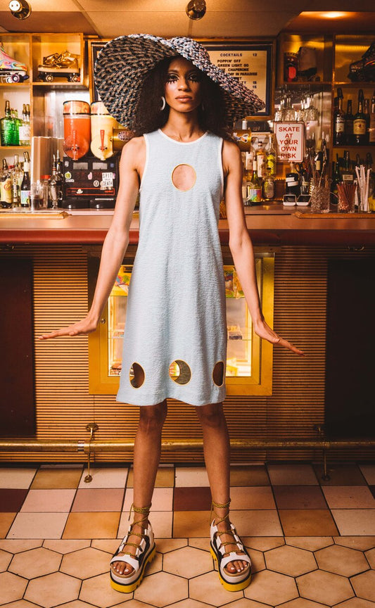Mary Textured Knit Shift Dress with Embroidered Eyelet