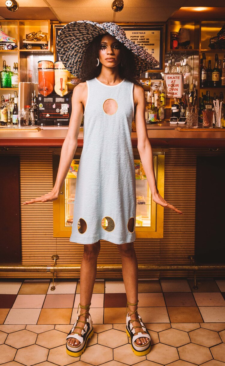 Mary Textured Knit Shift Dress with Embroidered Eyelet