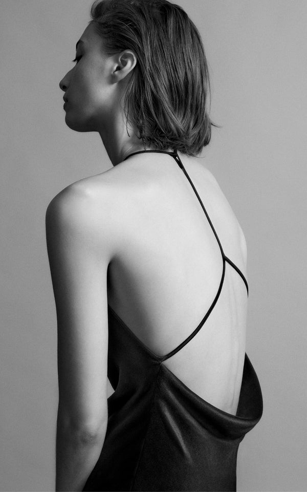 Silk Cocktail Dress with String T-Strap Back