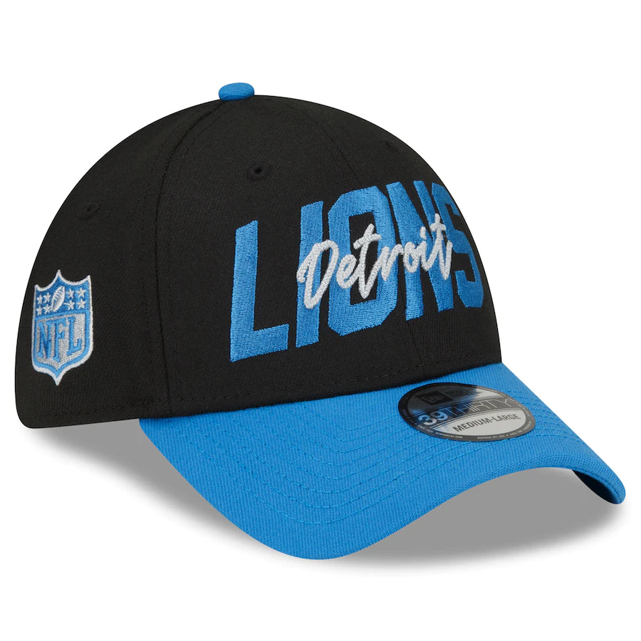 Men's Detroit Lions New Era Black/Blue 2022 NFL Draft 39THIRTY Flex Hat