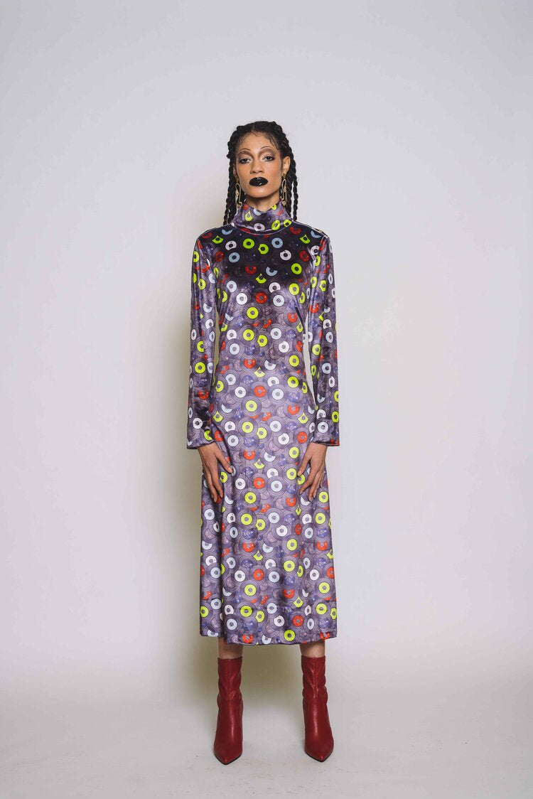 Record Print Mock Neck Midi Dress
