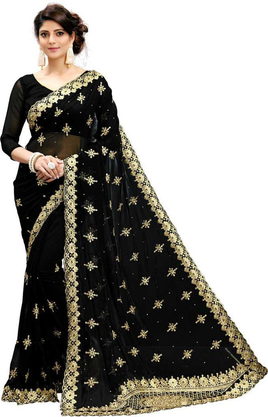 Embroidered Bollywood Poly Georgette Saree  (Gold, Black)