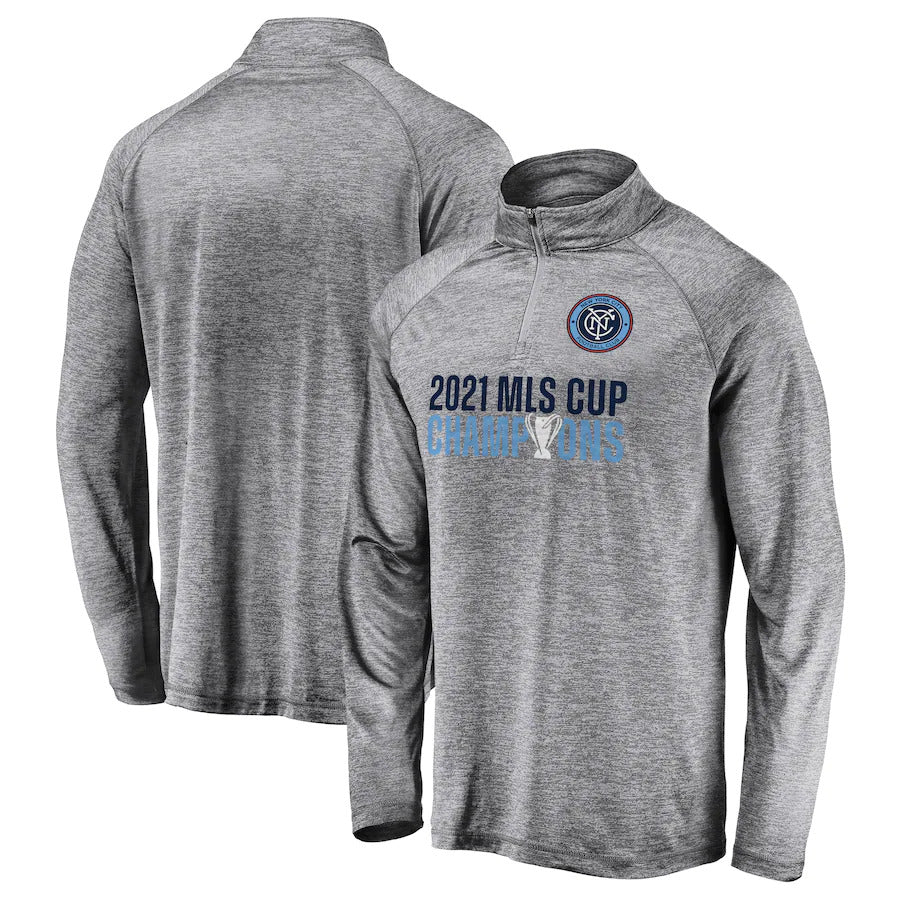 Men's New York City FC Fanatics Branded Gray 2021 MLS Cup Champions Emblem Quarter-Zip Pullover Jacket